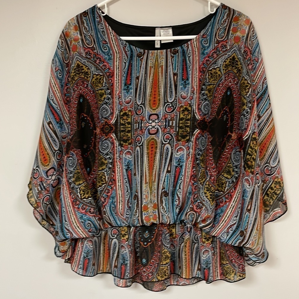 Lily Lou Women's Semi Sheer Blouse with black lining, Large , great shape!